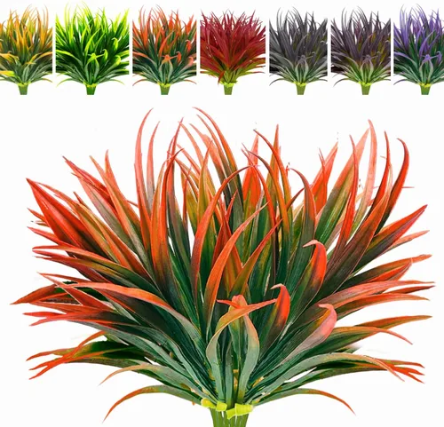 Miniatura 25 de 8 piezas flores artificiales de otoño para decoración al aire libre, plantas artificiales de otoño para exteriores, hierba amarilla artificial