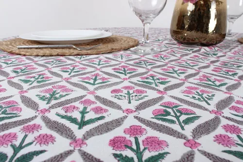 Miniatura 5 de Ridhi Mantel redondo con estampado de bloque a mano, 100% algodón, reutilizable, rosa y blanco, de 110 pulgadas, mantel decorativo para uso diario