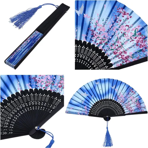 Miniatura 4 de Zonon Paquete de 4 abanicos plegables florales de mano, abanicos de bambú de seda con borla para mujer, ventilador plegable de mano ahuecado