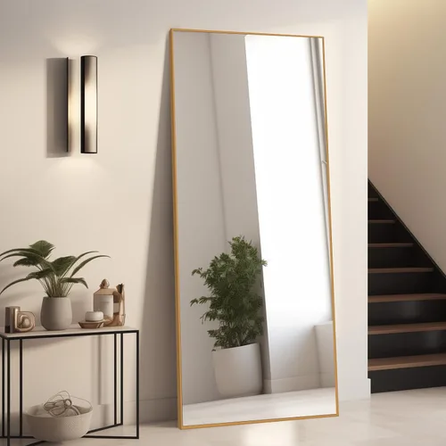Miniatura 11 de Espejo de cuerpo completo con soporte de 56 x 19 pulgadas, espejo de pie con marco de aleación de aluminio para colgar o apoyar, espejo arqueado