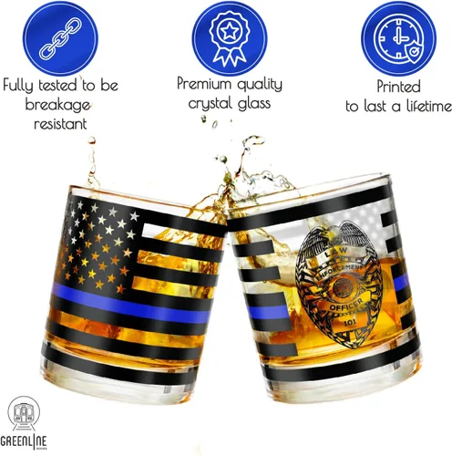 Miniatura 3 de Greenline Goods Thin Blue Line - Vasos clásicos de 10 onzas con diseño de oficial de policía, whisky, estilo antiguo, con gráficos de bandera