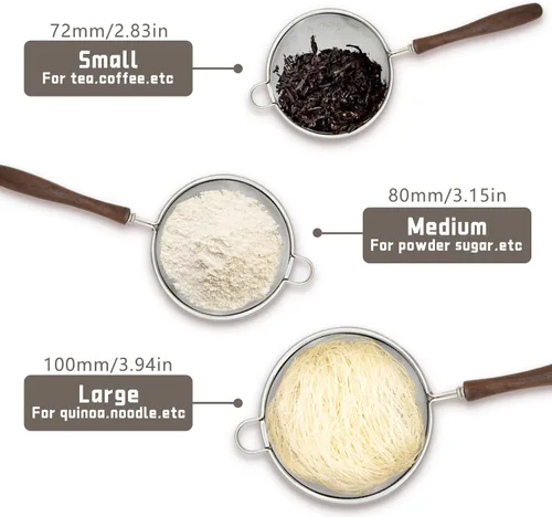 Miniatura 3 de Juego de 3 coladores de malla para cocina, colador de acero inoxidable 304 con mango de madera, tamices para alimentos, té, arroz, aceite, fideos