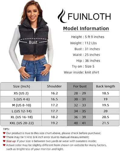 Miniatura 6 de Fuinloth Chaleco acolchado para mujer, cuello alto y ligero, con cremallera