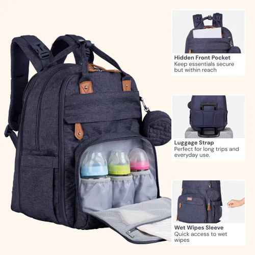 Miniatura 105 de BabbleRoo - Mochila para pañales - Bolso de viaje con artículos esenciales para bebés - Mochila multifunción resistente al agua, bolso de viaje