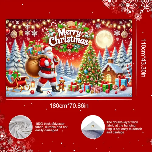 Miniatura 3 de HOMETITUTE Cartel de Navidad de 71 x 43 pulgadas, telón de fondo rojo de Papá Noel con árbol de regalo, decoración de nieve en trineo