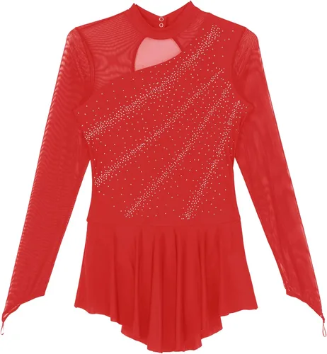 Miniatura 5 de Vestido de patinaje sobre hielo artístico para mujer, manga larga, diamantes de imitación brillantes, patinaje sobre ruedas, disfraz de danza lírica