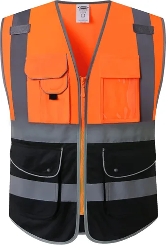 Miniatura 45 de JKSafety Chaleco de seguridad frontal con cremallera de alta visibilidad de 9 bolsillos de color dual MESH Lite Tira reflectante con ribete
