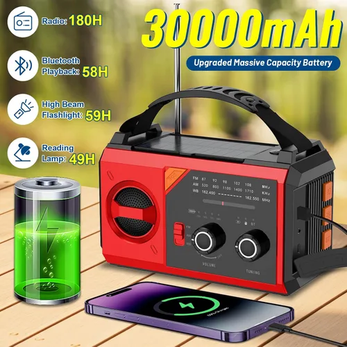 Miniatura 2 de Radio de emergencia de manivela de 30000 mAh - Radio meteorológica portátil solar AM FM NOAA con linterna de 3 modos y lámpara de lectura, conector