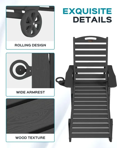 Miniatura 5 de Silla de Descanso para Exteriores, Silla de Descanso Chaise Lounge de Gran Tamaño con 5 Posiciones, HDPE, Silla de Descanso para Patio con Ruedas
