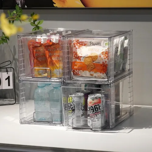 Miniatura 6 de Paquete de 4 cajones de almacenamiento apilables grandes, organizadores acrílicos transparentes con asa, fácil de ensamblar para debajo