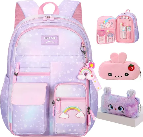 Miniatura 10 de Jcobvig Mochila de arcoíris para niñas y niños, linda mochila escolar para estudiantes con bolsa para bolígrafos, bolsa de viaje para portátil