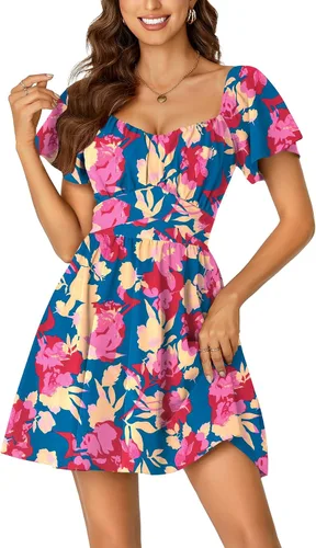 Miniatura 29 de Rooscier Minivestido acampanado de manga corta con volantes, cuello cuadrado, envolvente y espalda anudada para mujer