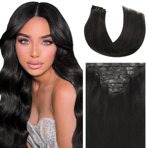 Miniatura 48 de Caliee Extensiones de cabello con pinzas de cabello humano 14 pulgadas Color 1 Negro azabache trama doble invisibles Extensiones de cabello humano