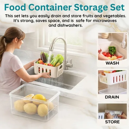 Miniatura 8 de Recipientes de frutas para refrigerador que se mantienen frescos, paquete de 5 recipientes de almacenamiento de productos sin BPA con colador Crema