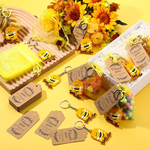 Miniatura 5 de Roowest 150 piezas de dulces como pueden abeja, regalos de fiesta, incluyendo 50 llaveros de abeja con 50 bolsas de regalo, 50 etiquetas