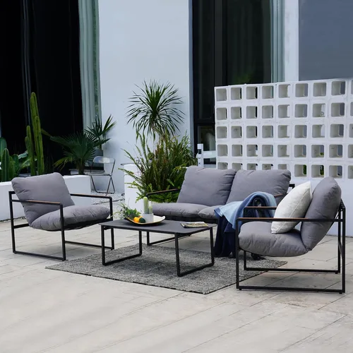 Miniatura 7 de Grand patio Juego de muebles de exterior de 4 piezas, muebles modernos de patio con cojines suaves, pequeño sofá de metal con mesa de café, juego