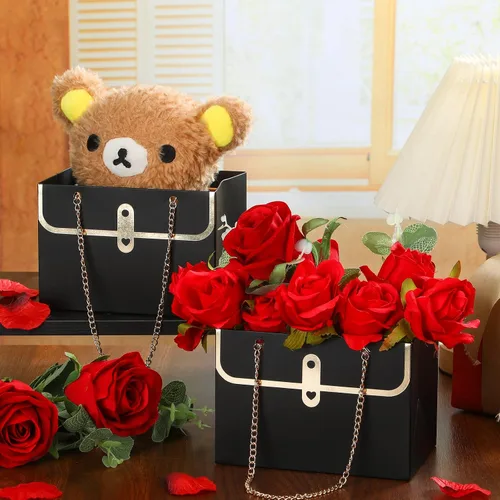 Miniatura 3 de Lincia 12 cajas de flores negras para boda, bolsa de regalo de flores negras, cajas de ramo con asas para arreglos, papel de regalo de ramo