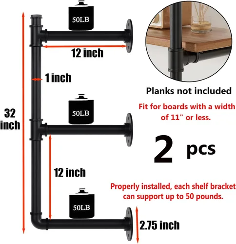Miniatura 3 de Soportes de Tubo para Estantes Industriales de Montaje en Pared, Estantería Abierta de Tubo Negro para Cocina, Soportes de Estante Flotante