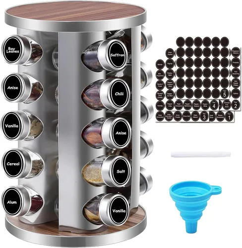 WAYDA Organizador giratorio para especias, 20 frascos, organizador giratorio de condimentos para gabinete, torre de especias de acero inoxidable