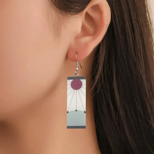 Miniatura 5 de Pendientes Tanjiro y Hanafuda, pendientes de acrílico, aretes de anime Kimetsu No Yaiba Cosplay