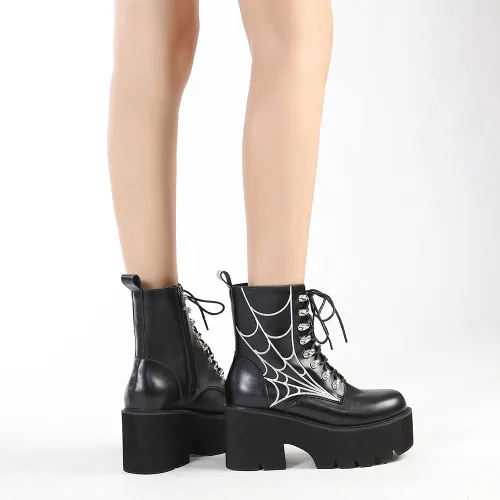 Miniatura 9 de mikarka Botas de plataforma con cadena para mujer, con cordones y cremallera, tacón grueso, botines de combate negros, botas de motocicleta