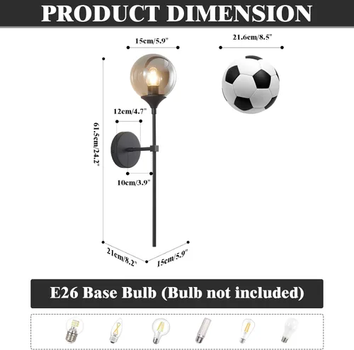 Miniatura 2 de KCO Lighting - Moderna lámpara de pared con globo de vidrio gris ahumado, aplique de pared negro mate delgado, lámpara de pared industrial vintage