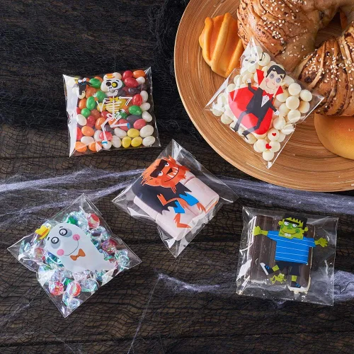 Miniatura 6 de CCINEE 200 bolsas de golosinas de Halloween, bolsas transparentes autoadhesivas para dulces, bolsas de plástico de celofán para galletas, regalos