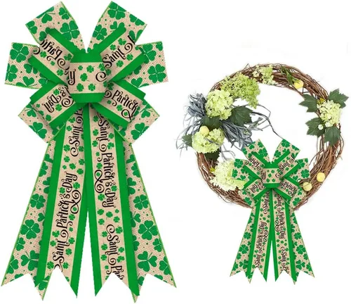 Miniatura 7 de Estivaux Arcos grandes del día de San Patricio para corona, lazos de corona de trébol irlandés, lazos de hojas de trébol verde, lazos de arpillera