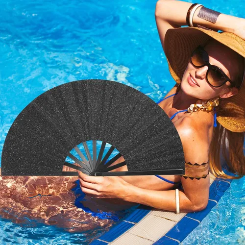 Miniatura 6 de Ventilador de mano plegable grande para rave, ventilador de estallido para baile de línea, ventilador plegable para exteriores, boda, fiesta, Negro