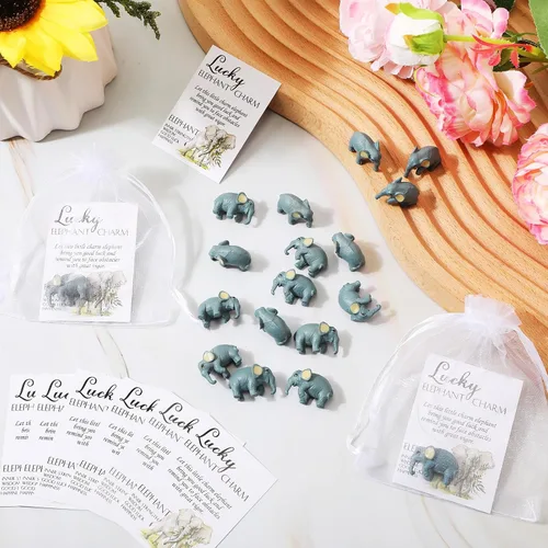Miniatura 5 de Lincia 24 juegos de fichas de elefante de buena suerte, 24 figuras de elefante pequeño con tarjetas de significado y bolsas de organza, regalos