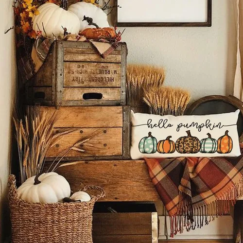Miniatura 6 de Fundas de almohada de otoño de 12 x 20 pulgadas, diseño de leopardo, acuarela, Hello Pumpkin, para otoño, para decoración de otoño