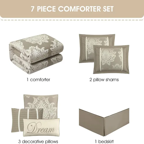 Miniatura 4 de Grand Avenue - Juego de edredón beige tamaño Queen, jacquard con juego de ropa de cama a juego de piezas sólidas, para todas las estaciones, faldón