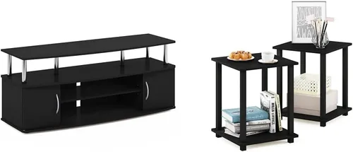 Furinno Soporte de entretenimiento para TV de hasta 55 pulgadas y mesas auxiliares (2 piezas), americano/negro y cromado