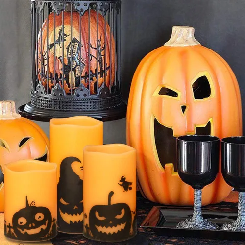 Miniatura 6 de Juego de 3 velas de calcomanía de Halloween de DRomance Temporizador de 4 calabazas