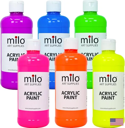 Miniatura 12 de milo Juego de 6 pinturas acrílicas fluorescentes Botellas de 4 onzas Paquete de pintura acrílica de colores neón para estudiantes Hecho