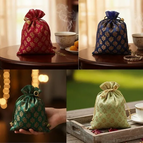 Miniatura 8 de Touchstone Hermosas bolsas de regalo reutilizables, respetuosas con el medio ambiente, con cordón grande, patrón de hojas de mimosa, brocado