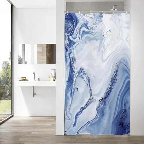 Miniatura 11 de MitoVilla Cortina de regadera, poste pequeño, 36 x 72, color mármol azul, juego de cortina de ducha estrecha de tamaño medio, abstracta, degradada