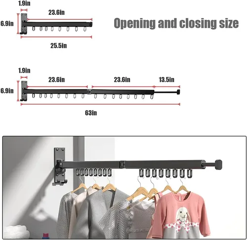 Miniatura 6 de BESTHLS Estante de secado de ropa montado en la pared para ahorrar espacio, diseño para balcón, vestíbulo, dormitorio plegable (2 polos negro)