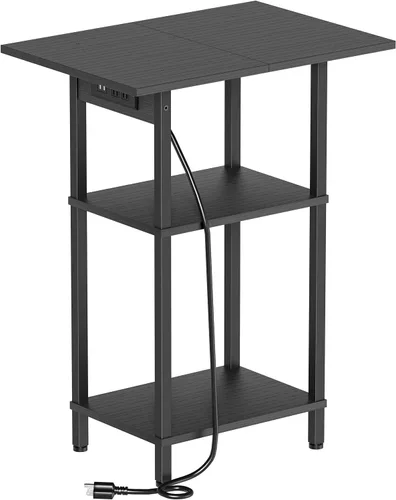 Asgolion - Mesa auxiliar alta con estación de carga, mesita de noche delgada con puertos USB y tomas de corriente, mesa lateral estrecha de 3 Negro