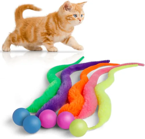 Miniatura 7 de SHENGSEN Pelota que Rebota con Cola Juguetes para Gatos-5 Paquetes, Gusano Mágico con Juguete de Pelota Grande y Colorida para Gatos, Pelotas que