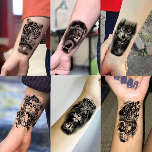 Miniatura 3 de 60 hojas de tatuajes temporales 3D de león y tigre geniales para hombres y mujeres, tatuajes falsos pequeños y aterradores de diablo, calavera