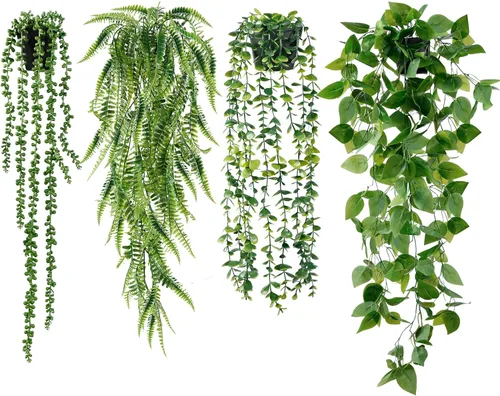 Miniatura 7 de Sggvecsy Plantas colgantes falsas, paquete de 3 plantas artificiales de eucalipto en maceta, mandala de eucalipto sintético, vainas de guisantes 3