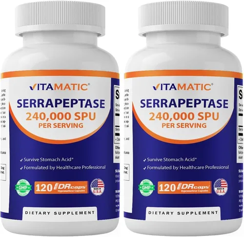 Vitamatic Serrapeptase 240,000 porciones de SPU, 120 cápsulas de liberación retardada - Recubrimiento entérico - Sin OGM - Fabricado en los Estados