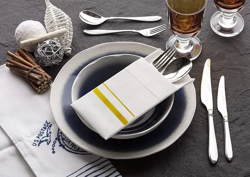 Miniatura 2 de Servilletas desechables de cena de tela con bolsillo incorporado para cubiertos, servilletas de boda de lino de aspecto blanco y dorado, preplegadas