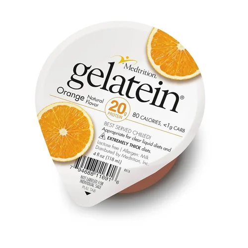 Gelateína Naranja: 0.71 oz de proteína. Sin azúcar. Ideal para dietas de líquidos claros, dificultades para tragar, bariátrica, diálisis y