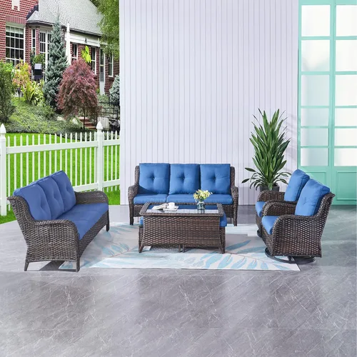 Miniatura 32 de HUMMUH Sillas Mecedoras Giratorias de Mimbre para Patio Exterior con Respaldo Alto, Sillas Deslizantes de Ratán PE, Juego de Muebles de Patio de 4