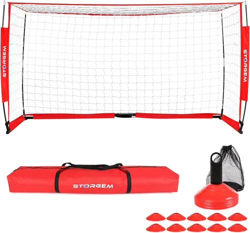 Storgem Portería de Fútbol, Red de Fútbol, Porterías de Fútbol para Patio Trasero, con Marco de Lazo, Base Metálica Plegable y 15 Conos de