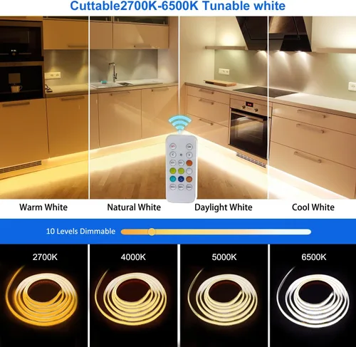 Miniatura 2 de COB - Tira de luces LED, luz LED blanca ajustable CCT de 9.84 pies, 2700K-6500K, CRI90+, 24 V, regulable, con control de aplicación Bluetooth