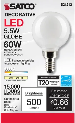 Miniatura 3 de Satco Bombilla LED E12 de 5.5 W, 3000 K, clasificación de 15000 horas, regulable