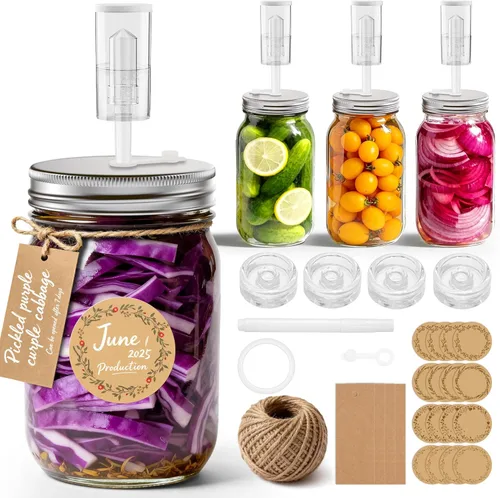 Paquete de 4 kits de fermentación para tarro Mason de boca ancha, incluye 4 pesos de fermentación de vidrio, 4 tapas de fermentación, 4 esclusas de